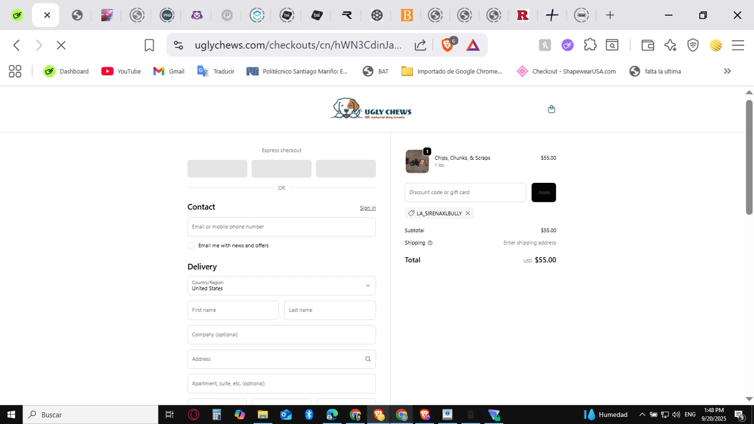 Ugly Chews discount code screenshot showing code LA_SIRENAXLBULLY applied at Ugly Chews checkout page. Uploaded by SimplyCodes community member conorgrey on Sep 20, 2025