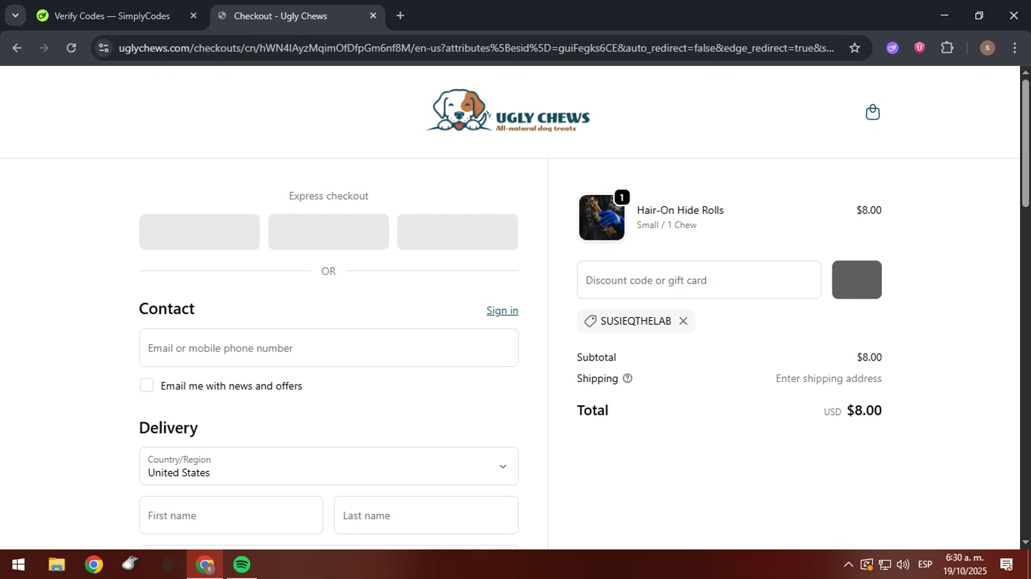 Ugly Chews discount code screenshot showing code Susieqthelab applied at Ugly Chews checkout page. Uploaded by SimplyCodes community member 61664350 on Oct 19, 2025