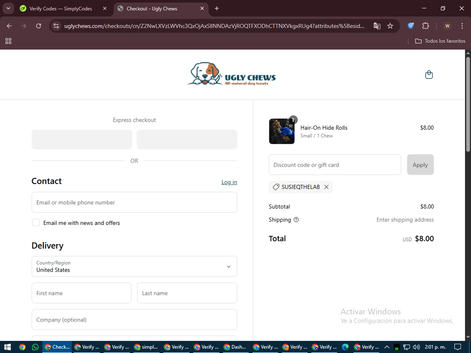 Ugly Chews discount code screenshot showing code Susieqthelab applied at Ugly Chews checkout page. Uploaded by SimplyCodes community member DealMaestro2101 on Jun 25, 2025