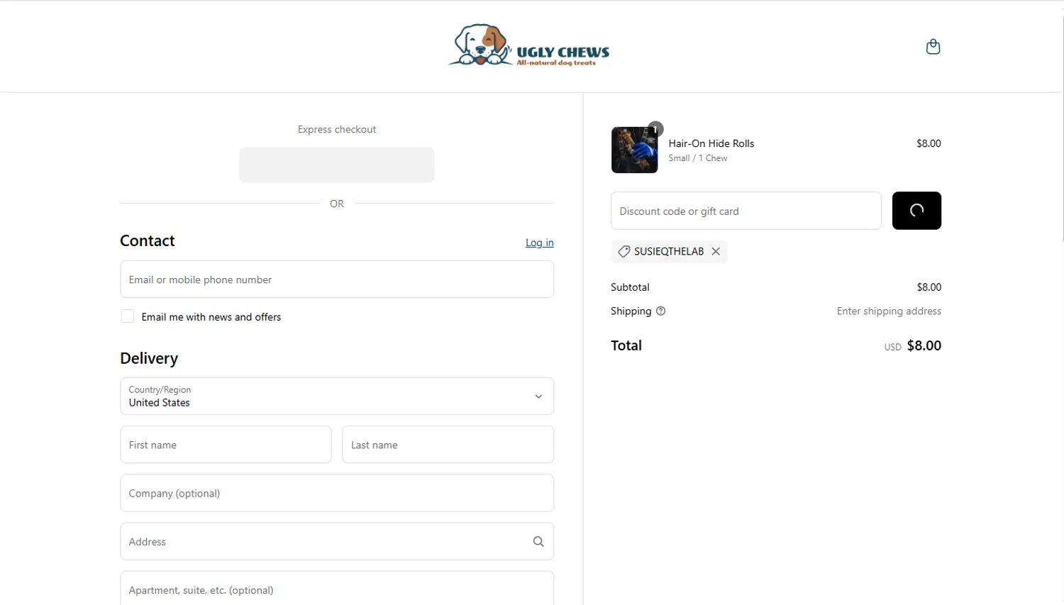 Ugly Chews discount code screenshot showing code Susieqthelab applied at Ugly Chews checkout page. Uploaded by SimplyCodes community member Marboroooooooooooo on May 27, 2025