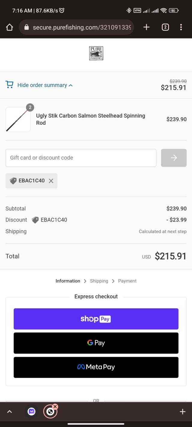 Ugly Stik checkout page showing Ugly Stik discount code box | Screenshot taken by SimplyCodes community member on Apr 4, 2023