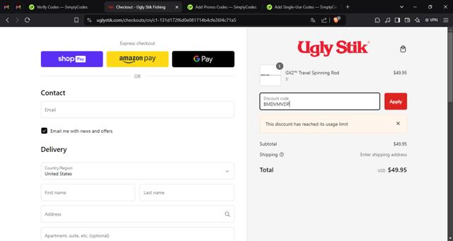 Ugly Stik checkout page showing Ugly Stik discount code box | Screenshot taken by SimplyCodes community member on Oct 25, 2024