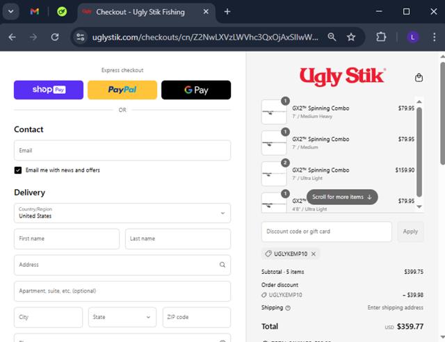 Ugly Stik checkout page showing Ugly Stik discount code box | Screenshot taken by SimplyCodes community member on Apr 4, 2025