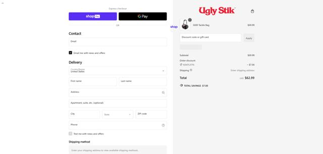 Ugly Stik checkout page showing Ugly Stik discount code box | Screenshot taken by SimplyCodes community member on Jan 15, 2025