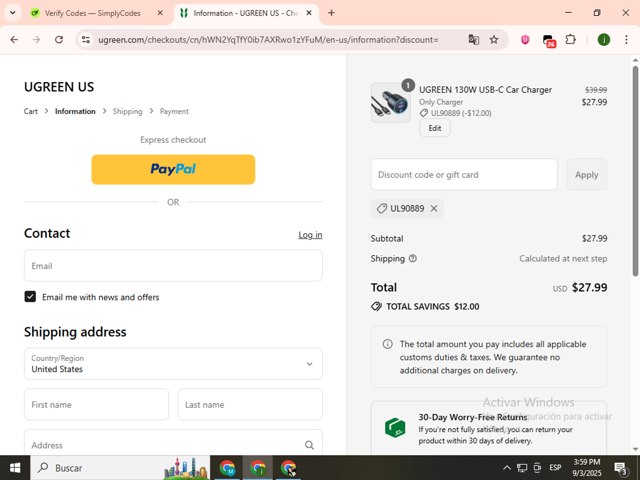 Ugreen checkout page showing Ugreen discount code box | Screenshot taken by SimplyCodes community member on Sep 3, 2025