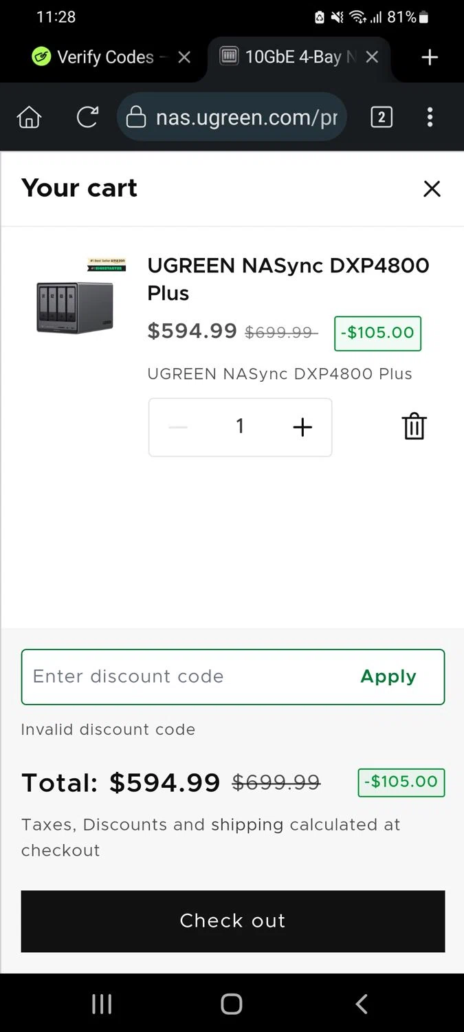 Ugreen NAS promo code screenshot showing code NCXZNN90 applied at Ugreen NAS checkout page. Uploaded by SimplyCodes community member Carolisea on Nov 18, 2025
