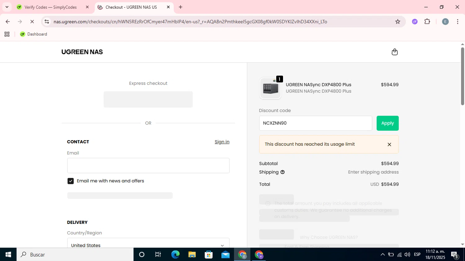 Ugreen NAS promo code screenshot showing code NCXZNN90 applied at Ugreen NAS checkout page. Uploaded by SimplyCodes community member Esteban on Nov 18, 2025