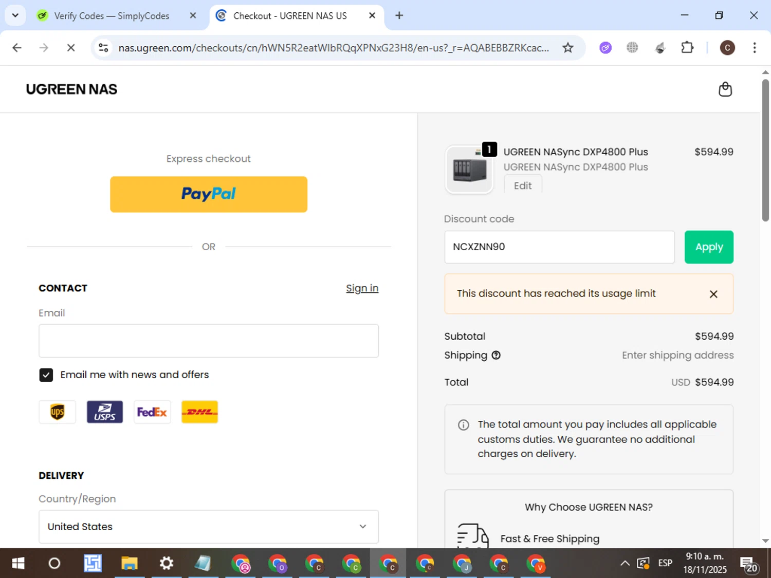 Ugreen NAS promo code screenshot showing code NCXZNN90 applied at Ugreen NAS checkout page. Uploaded by SimplyCodes community member VictorL on Nov 18, 2025