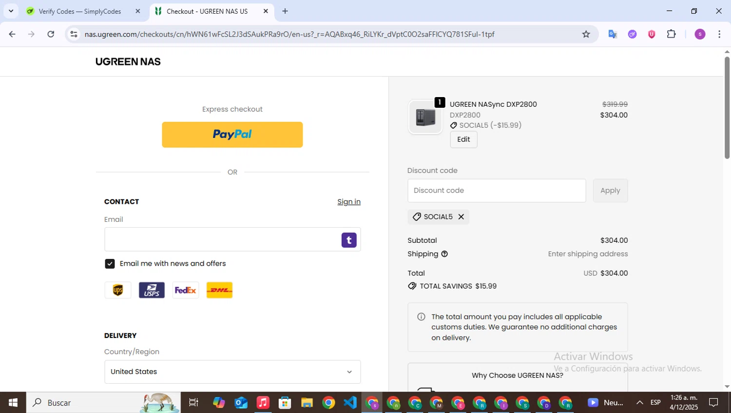 Ugreen NAS promo code screenshot showing code social5 applied at Ugreen NAS checkout page. Uploaded by SimplyCodes community member WonderPioneer5062 on Dec 4, 2025
