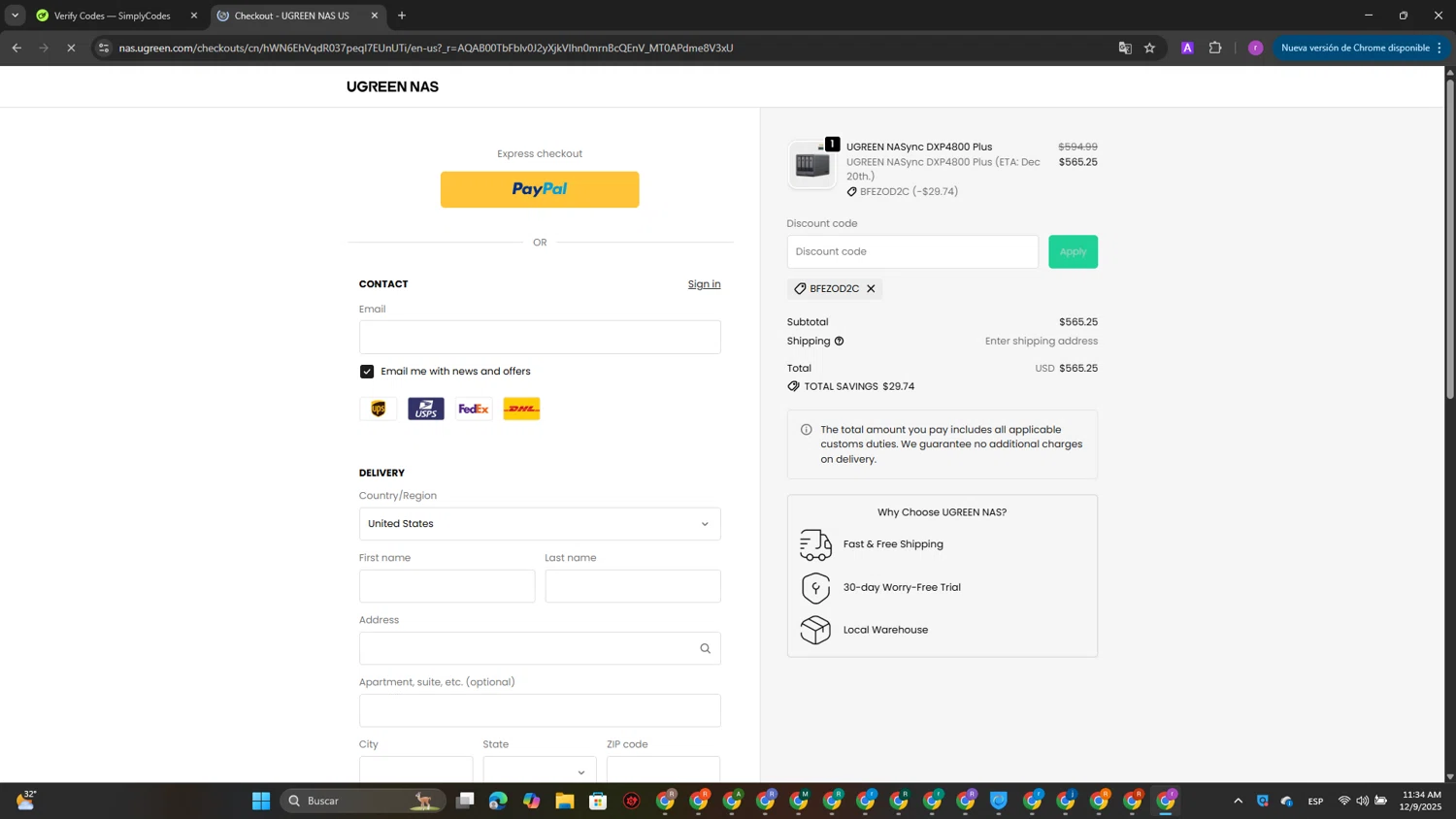Ugreen NAS promo code screenshot showing code BFEZOD2C applied at Ugreen NAS checkout page. Uploaded by SimplyCodes community member EpicScout8515 on Dec 9, 2025