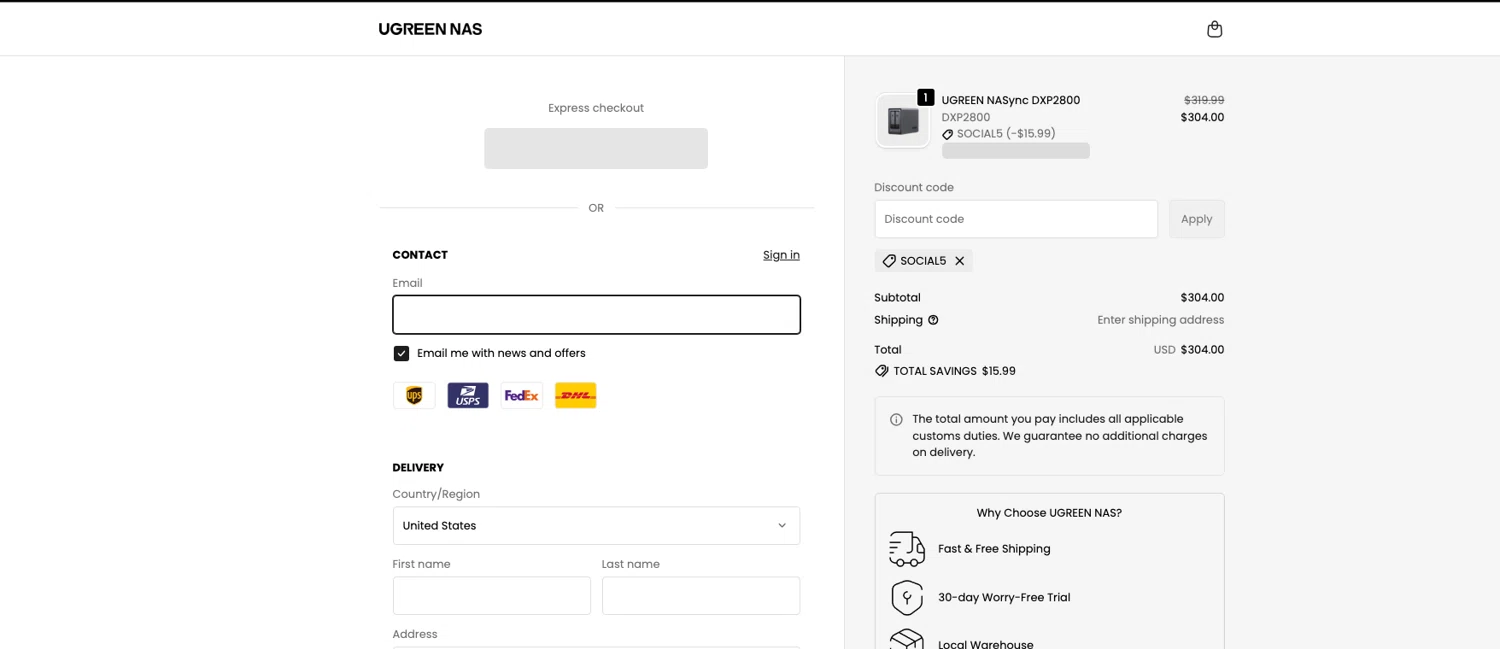 Ugreen NAS promo code screenshot showing code Social5 applied at Ugreen NAS checkout page. Uploaded by SimplyCodes community member ELOIN777 on Dec 4, 2025