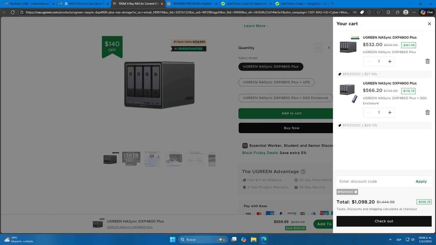 Ugreen NAS promo code screenshot showing code BFEZOD2C applied at Ugreen NAS checkout page. Uploaded by SimplyCodes community member Mdeoca on Dec 1, 2025
