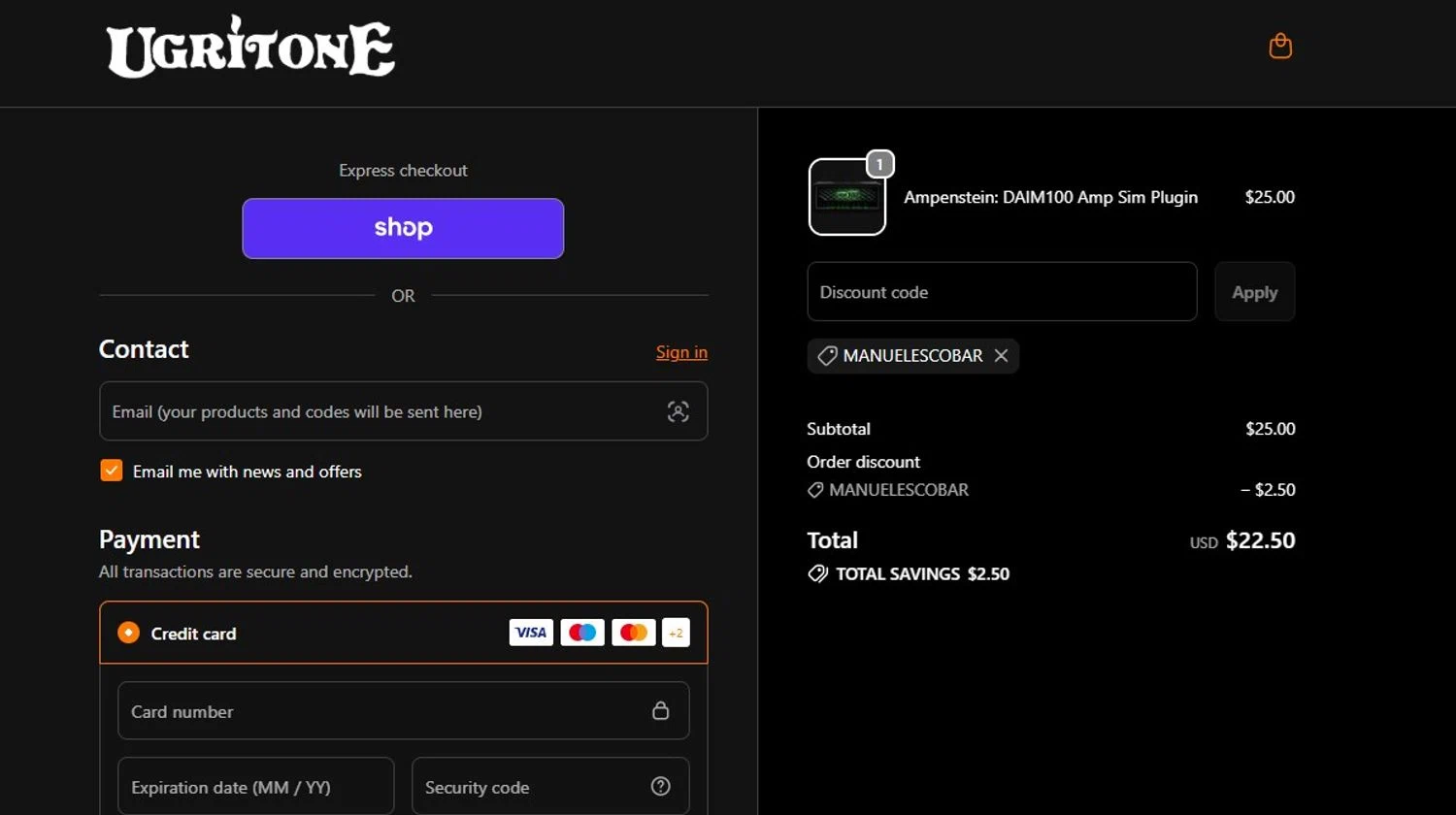 Ugritone promo code screenshot showing code MANUELESCOBAR applied at Ugritone checkout page. Uploaded by SimplyCodes community member mandrakke on Jun 11, 2026