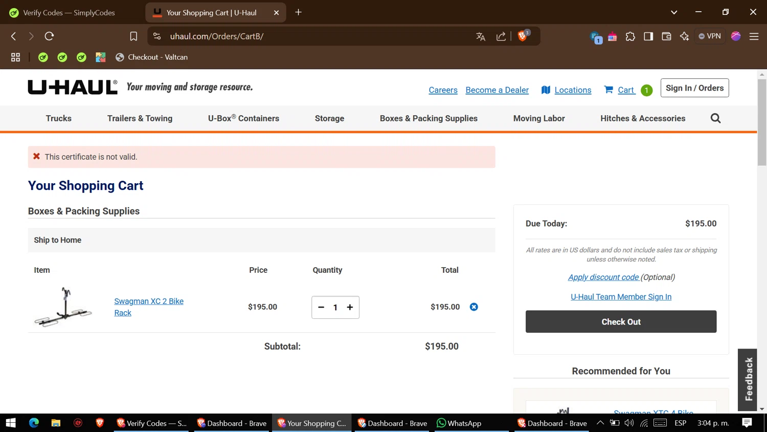 U-Haul discount code screenshot showing code XMAS15 applied at U-Haul checkout page. Uploaded by SimplyCodes community member BonusHero4456 on Jan 31, 2025