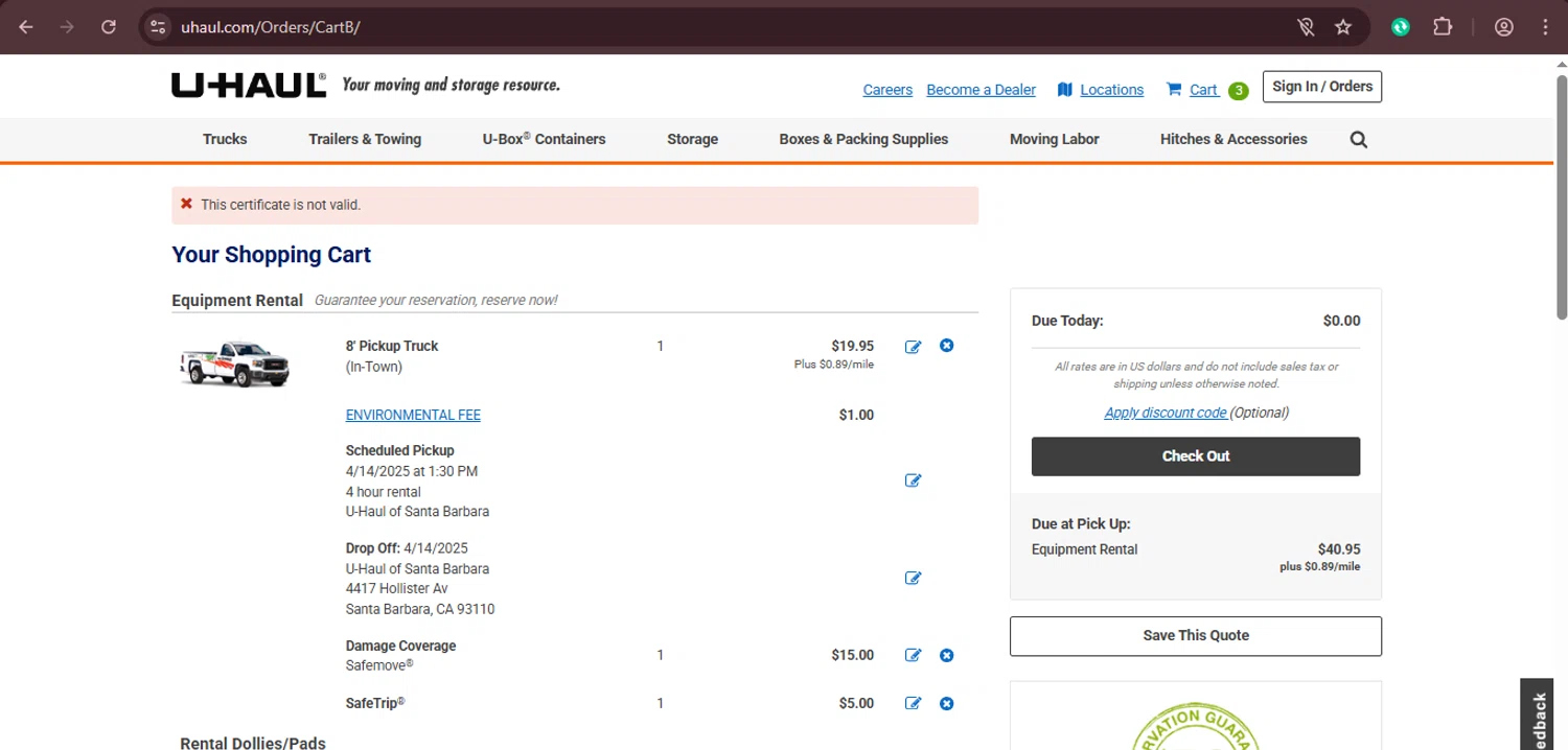 U-Haul discount code screenshot showing code SALE22 applied at U-Haul checkout page. Uploaded by SimplyCodes community member xaswqe on Mar 23, 2025
