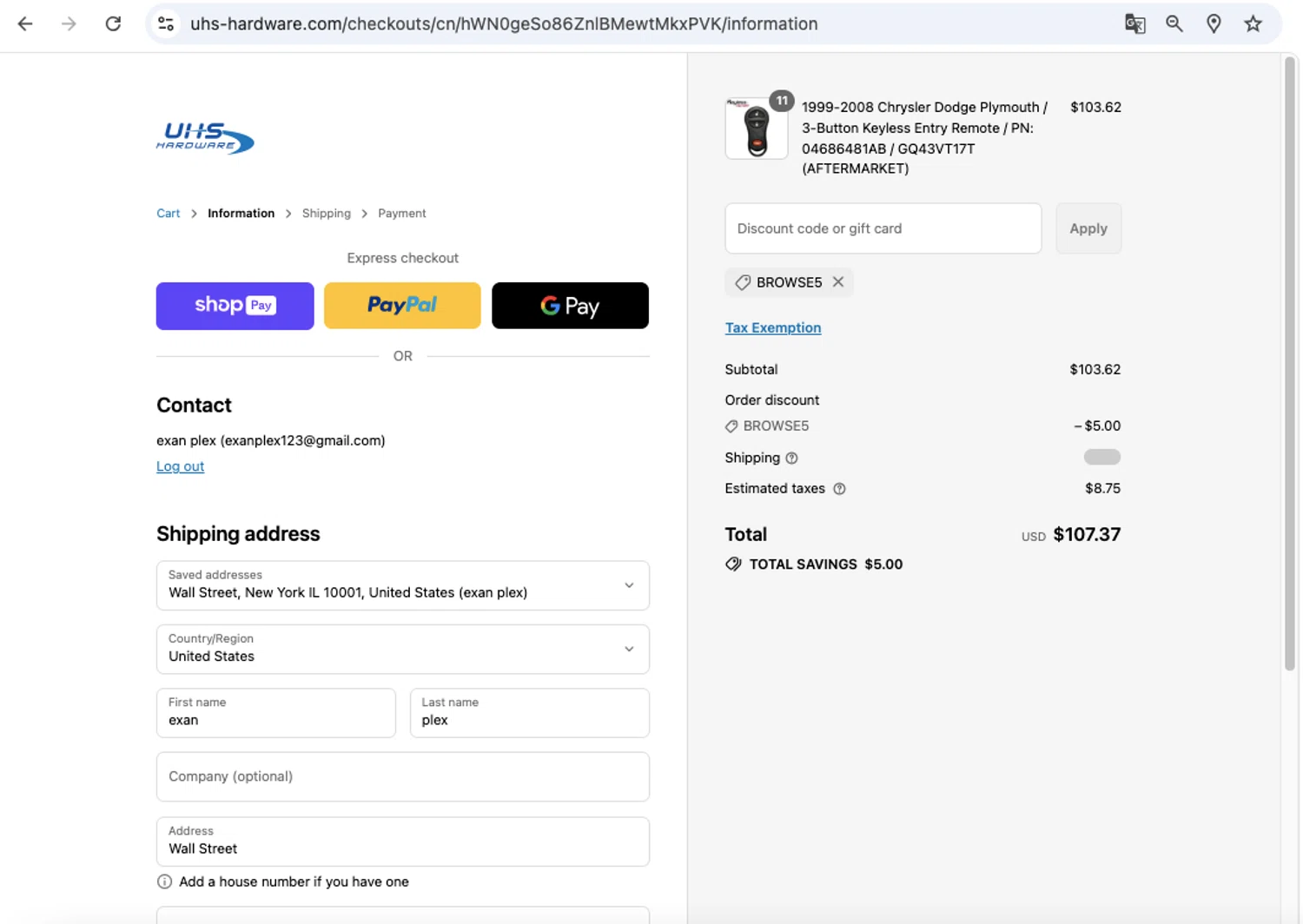 UHS Hardware discount code screenshot showing code BROWSE5 applied at UHS Hardware checkout page. Uploaded by SimplyCodes community member AK_CIO on Jul 16, 2025