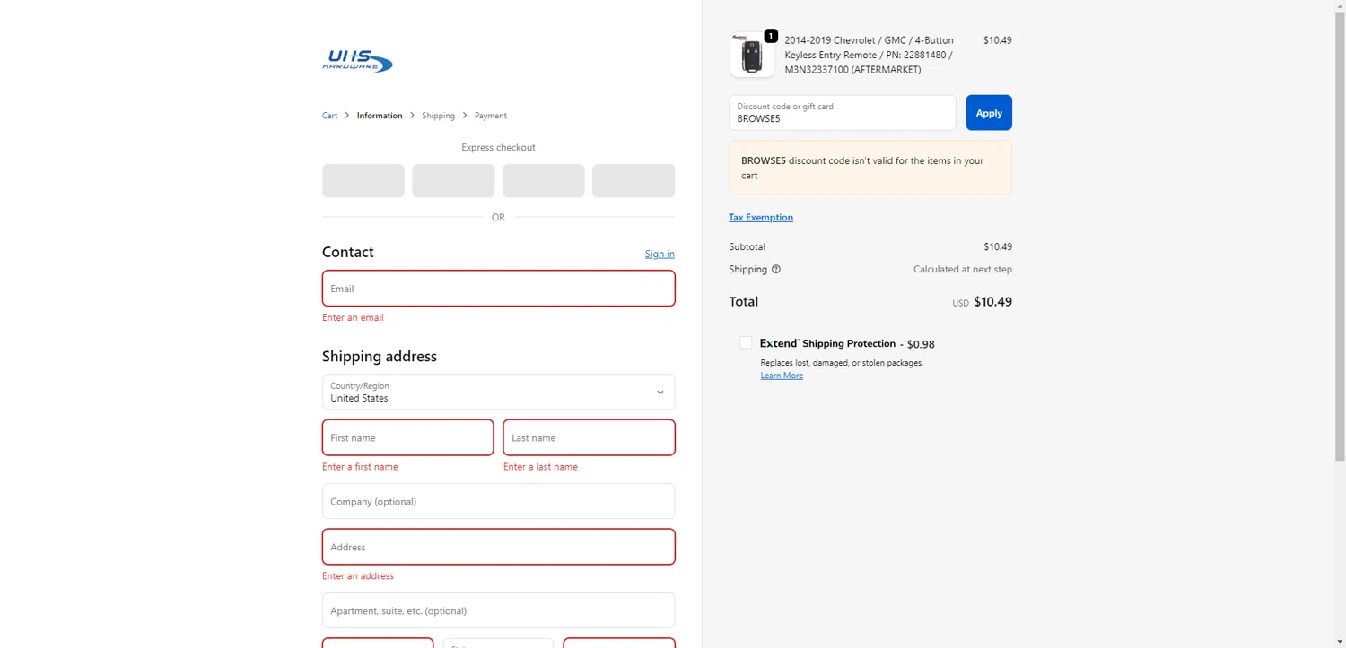 UHS Hardware discount code screenshot showing code BROWSE5 applied at UHS Hardware checkout page. Uploaded by SimplyCodes community member CrownWhiz8114 on Sep 20, 2025