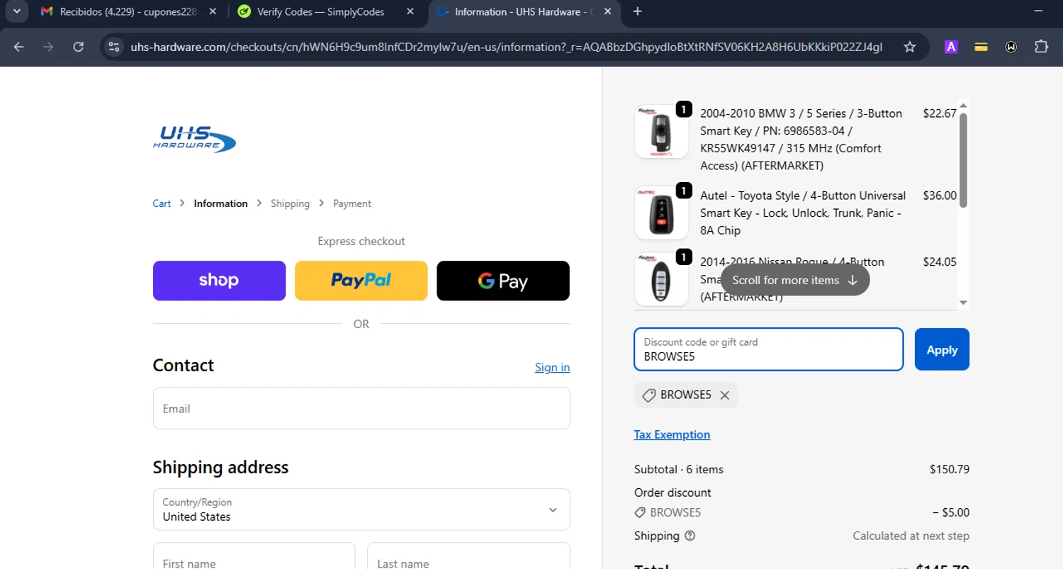 UHS Hardware discount code screenshot showing code BROWSE5 applied at UHS Hardware checkout page. Uploaded by SimplyCodes community member Eduard on Dec 10, 2025