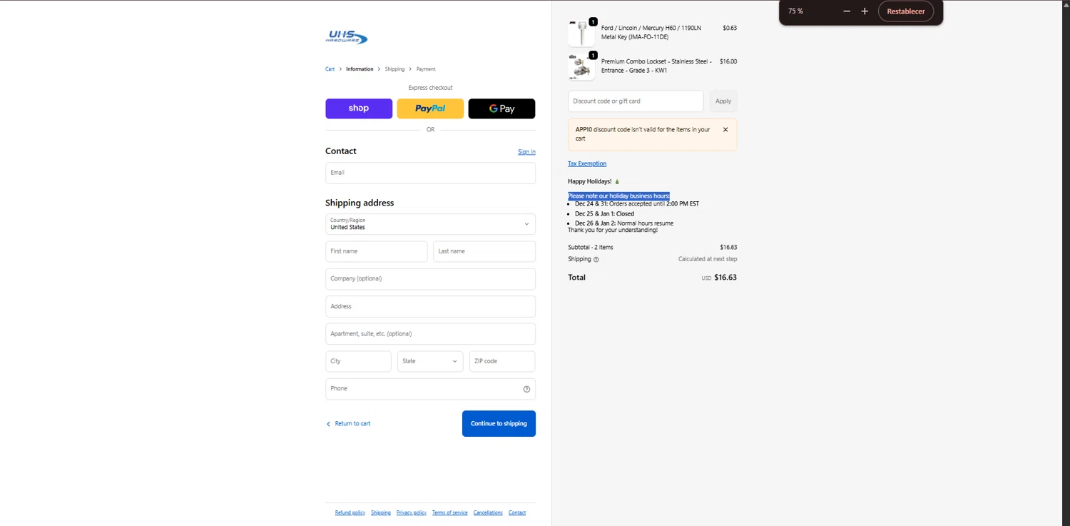 UHS Hardware discount code screenshot showing code APP10 applied at UHS Hardware checkout page. Uploaded by SimplyCodes community member MagnificentTitan8616 on Dec 28, 2025