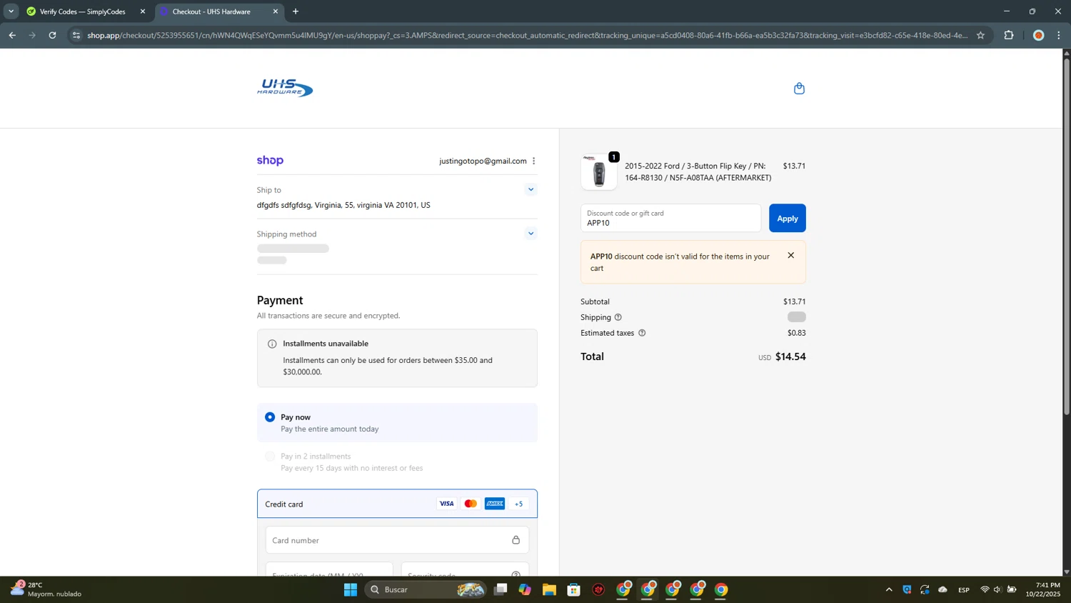 UHS Hardware discount code screenshot showing code APP10 applied at UHS Hardware checkout page. Uploaded by SimplyCodes community member USERR1 on Oct 22, 2025