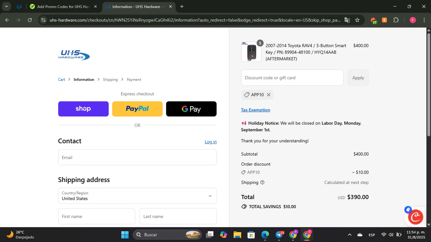 UHS Hardware discount code screenshot showing code APP10 applied at UHS Hardware checkout page. Uploaded by SimplyCodes community member LuckyAce4320 on Sep 1, 2025