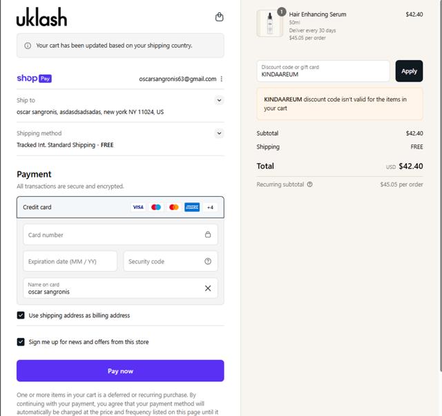 Uklash UK checkout page showing Uklash UK discount code box | Screenshot taken by SimplyCodes community member on Aug 26, 2025