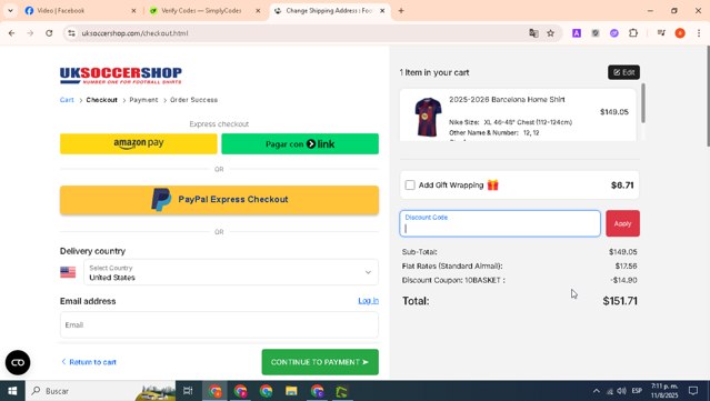 UKSoccerShop checkout page showing UKSoccerShop promo code box | Screenshot taken by SimplyCodes community member on Aug 11, 2025