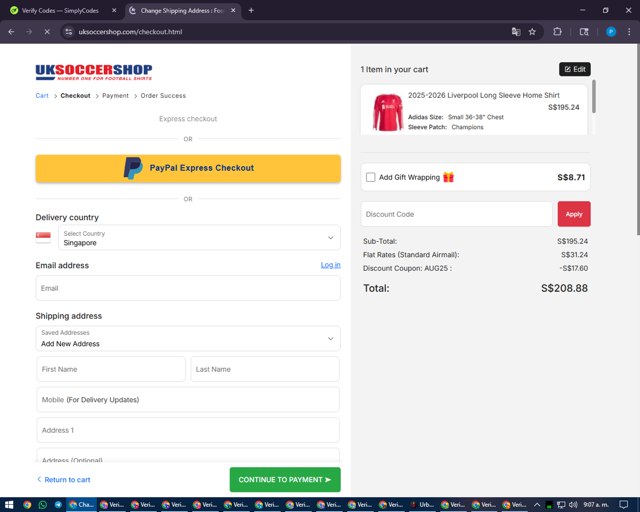 UKSoccerShop checkout page showing UKSoccerShop promo code box | Screenshot taken by SimplyCodes community member on Sep 6, 2025