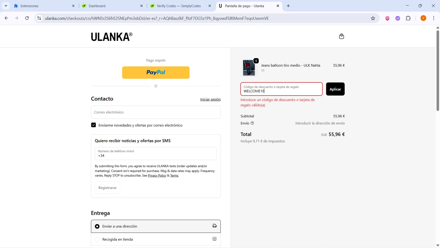 Ulanka discount code screenshot showing code WELCOME10 applied at Ulanka checkout page. Uploaded by SimplyCodes community member BrilliantLion4485 on Nov 29, 2025