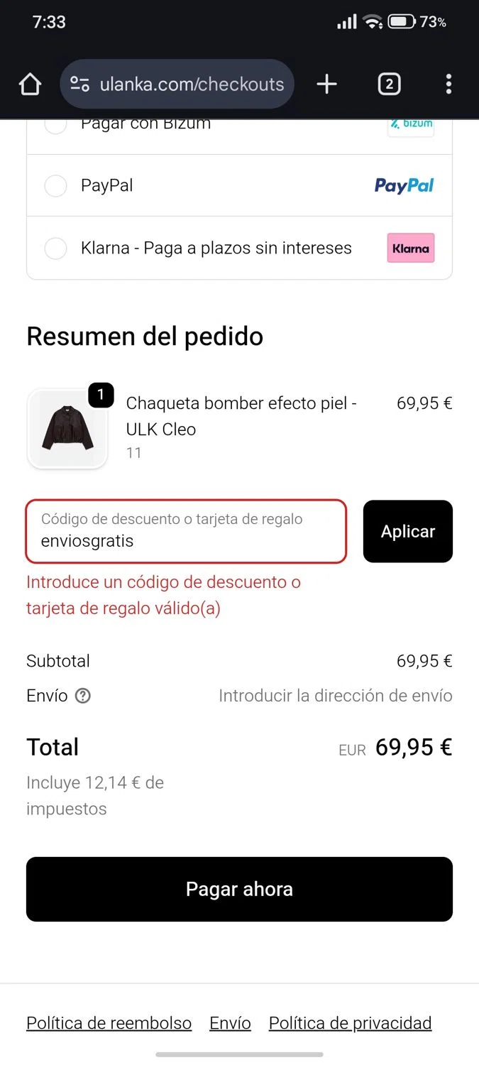 Ulanka discount code screenshot showing code enviosgratis applied at Ulanka checkout page. Uploaded by SimplyCodes community member EpicSage3474 on Dec 16, 2025