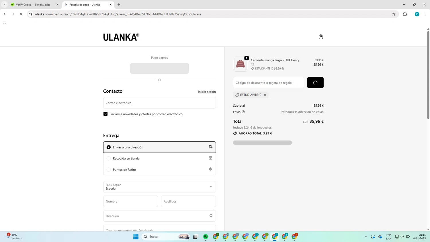 Ulanka discount code screenshot showing code estudiante10 applied at Ulanka checkout page. Uploaded by SimplyCodes community member ShieldAdmiral6509 on Nov 9, 2025