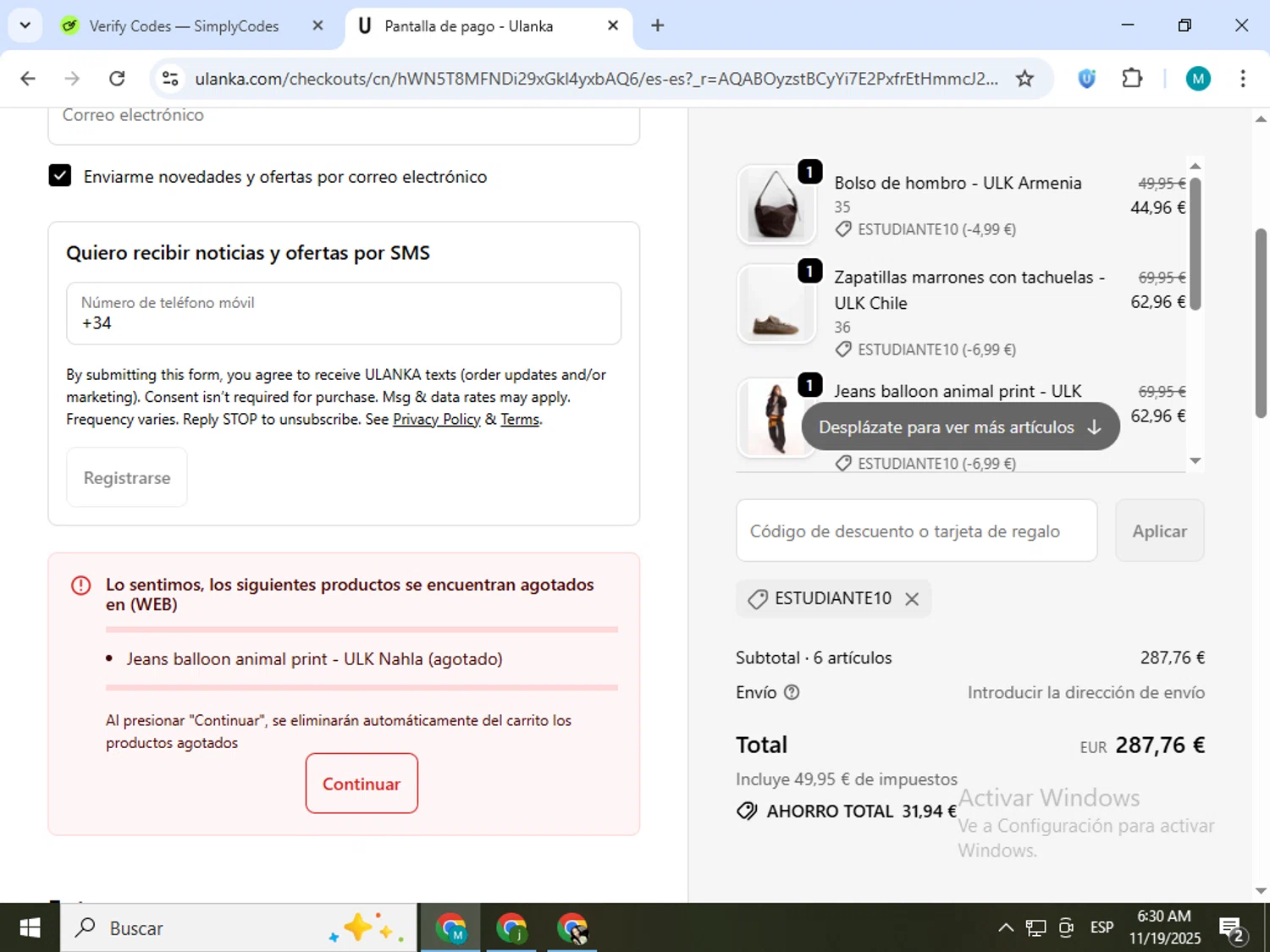 Ulanka discount code screenshot showing code estudiante10 applied at Ulanka checkout page. Uploaded by SimplyCodes community member estrellaveloz on Nov 19, 2025