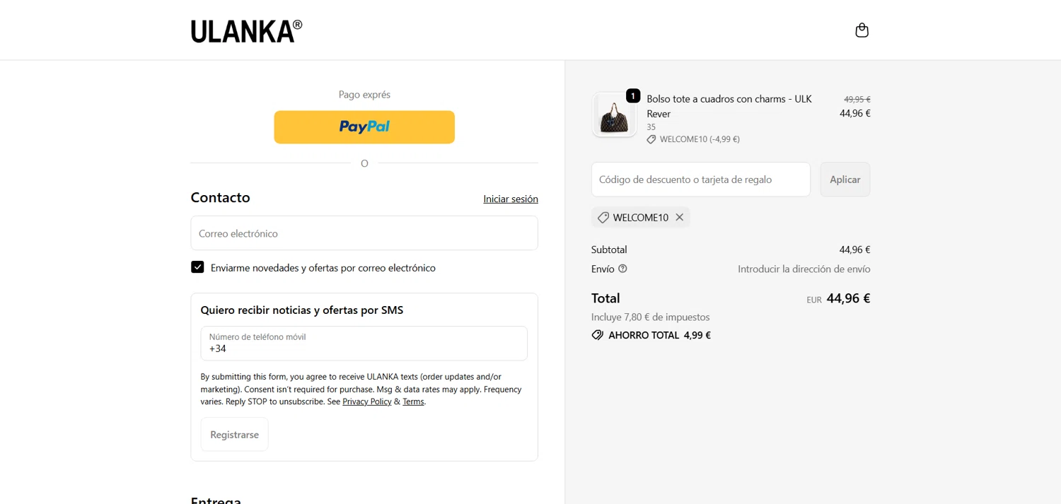 Ulanka discount code screenshot showing code WELCOME10 applied at Ulanka checkout page. Uploaded by SimplyCodes community member marielysmorales on Nov 22, 2025