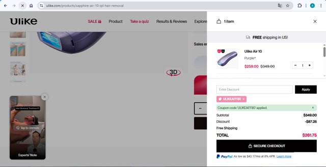 Ulike checkout page showing Ulike coupon code box | Screenshot taken by SimplyCodes community member on Sep 2, 2025