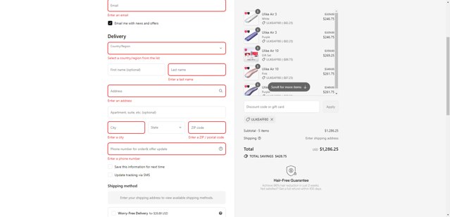 Ulike checkout page showing Ulike coupon code box | Screenshot taken by SimplyCodes community member on Sep 2, 2025