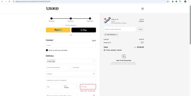 Ulike checkout page showing Ulike coupon code box | Screenshot taken by SimplyCodes community member on Sep 2, 2025