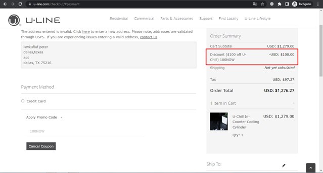 U-Line checkout page showing U-Line coupon code box | Screenshot taken by SimplyCodes community member on Jun 7, 2022