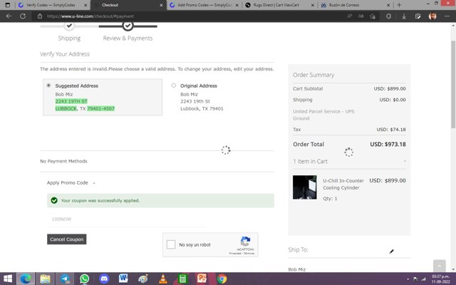 U-Line checkout page showing U-Line coupon code box | Screenshot taken by SimplyCodes community member on Sep 11, 2022