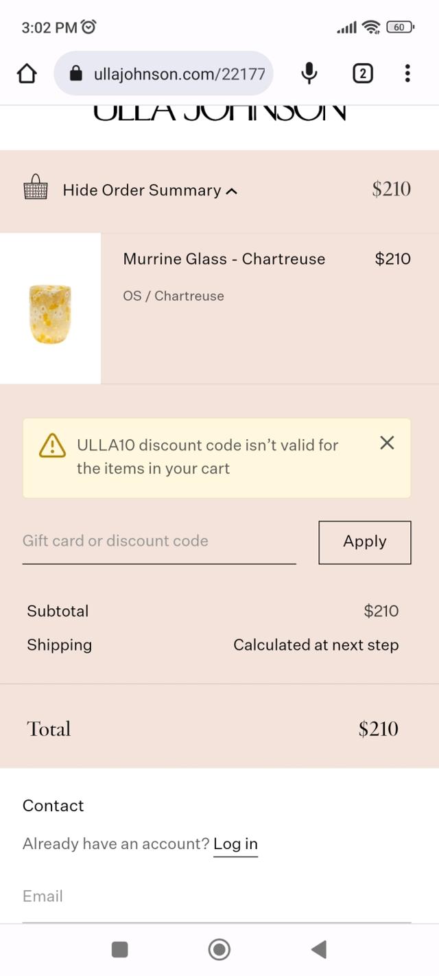 Ulla Johnson checkout page showing Ulla Johnson promo code box | Screenshot taken by SimplyCodes community member on Jul 28, 2023