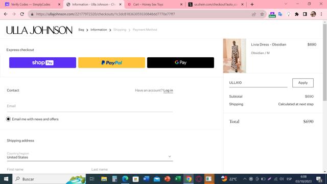 Ulla Johnson checkout page showing Ulla Johnson promo code box | Screenshot taken by SimplyCodes community member on Oct 3, 2023