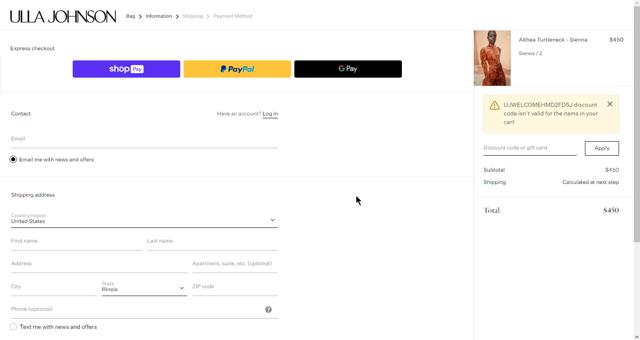 Ulla Johnson checkout page showing Ulla Johnson promo code box | Screenshot taken by SimplyCodes community member on Oct 9, 2023