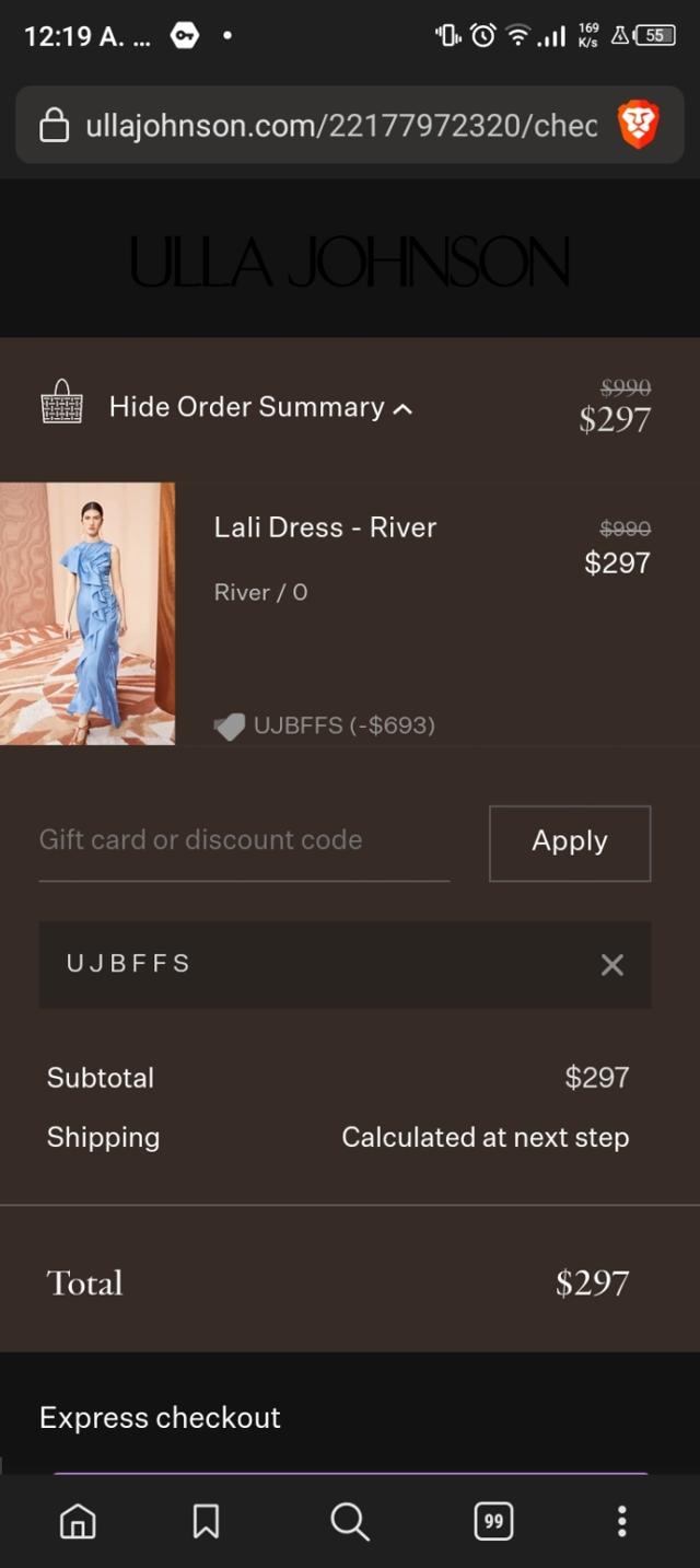 Ulla Johnson checkout page showing Ulla Johnson promo code box | Screenshot taken by SimplyCodes community member on Jul 29, 2023