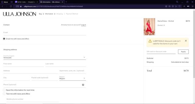 Ulla Johnson checkout page showing Ulla Johnson promo code box | Screenshot taken by SimplyCodes community member on Jul 4, 2023