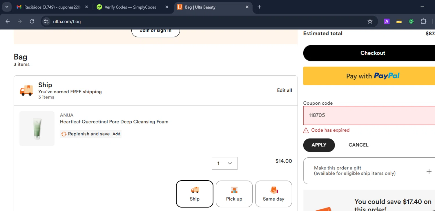 ULTA coupon code screenshot showing code 118705 applied at ULTA checkout page. Uploaded by SimplyCodes community member Eduard on Aug 8, 2025