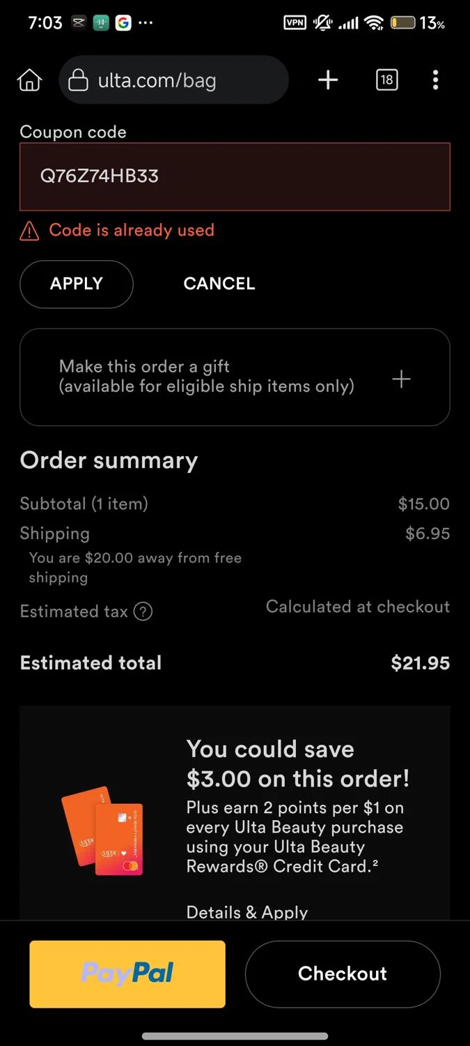 ULTA coupon code screenshot showing code Q76Z74HB33 applied at ULTA checkout page. Uploaded by SimplyCodes community member Enmanuel17 on Jul 31, 2025