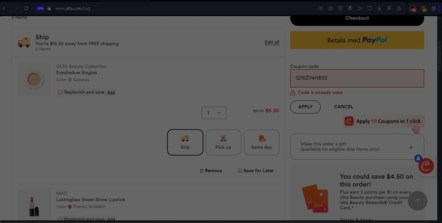 ULTA coupon code screenshot showing code Q76Z74HB33 applied at ULTA checkout page. Uploaded by SimplyCodes community member NobleLion9913 on Jul 31, 2025