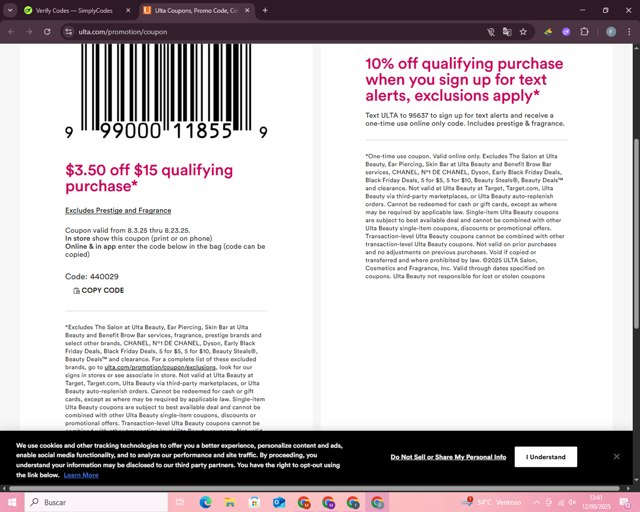 ULTA checkout page showing ULTA coupon code box | Screenshot taken by SimplyCodes community member on Aug 12, 2025