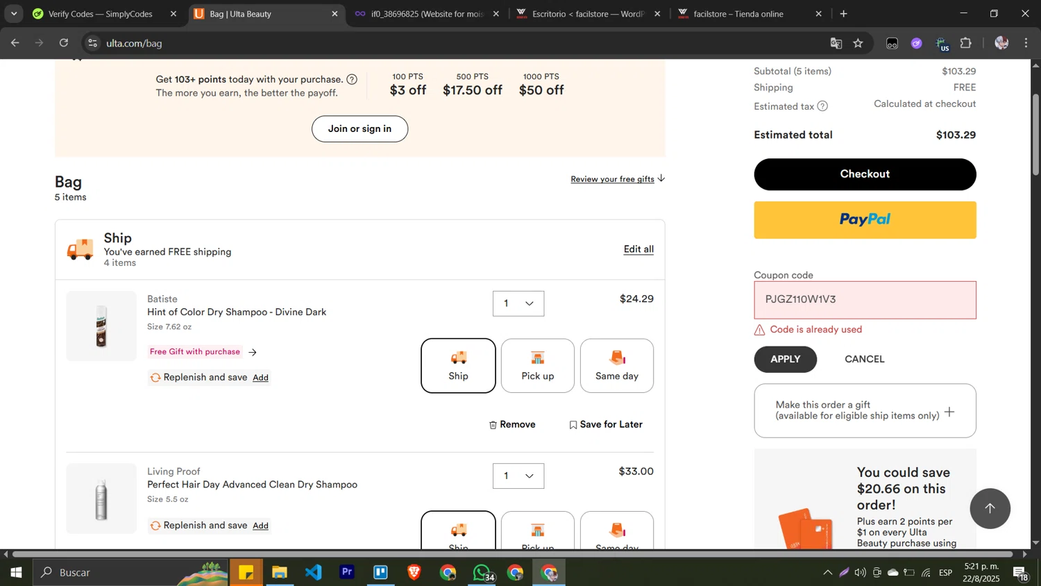 ULTA coupon code screenshot showing code PJGZ110W1V3 applied at ULTA checkout page. Uploaded by SimplyCodes community member Pansito on Aug 22, 2025