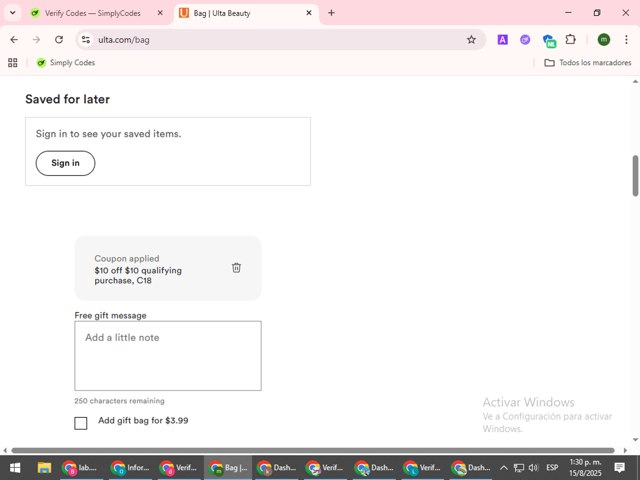 ULTA checkout page showing ULTA coupon code box | Screenshot taken by SimplyCodes community member on Aug 15, 2025