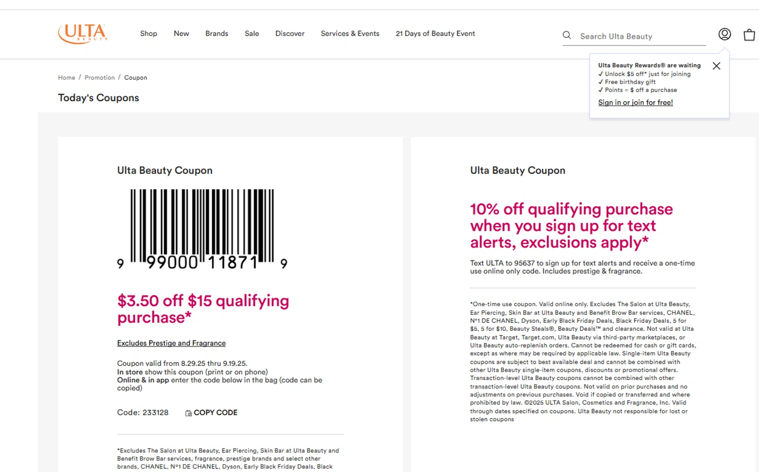 ULTA coupon code screenshot showing code 233128 applied at ULTA checkout page. Uploaded by SimplyCodes community member tronsito66 on Aug 29, 2025